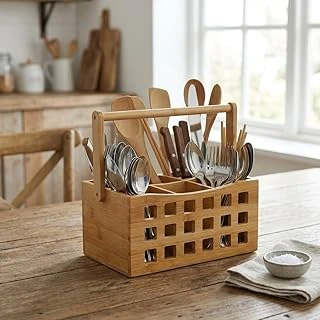 Deconox 4 Bölmeli Saplı Doğal Bambu Çatal Sepeti - Çok Amaçlı Masaüstü Organizer Mutfak Düzenleyici Kalemlik Standı (23X15 Cm) ürün görseli 1