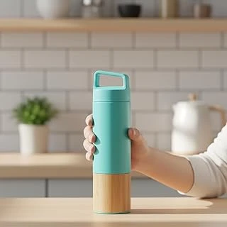 Deconox 600 Ml Bambu Tabanlı Kulplu Çelik Termos Mug - 5 Renk Seçenekli Sıcak/Soğuk Tutucu Seyahat Bardağı (Turkuaz) ürün görseli 1