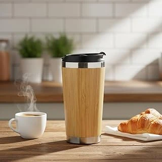 Deconox 450 Ml Bambu Kaplama Tabanlı Çelik Termos - Sıcak Soğuk Tutucu Gümüş Renkli Seyahat Bardağı (Mug) ürün görseli 1