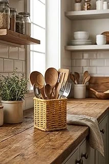 Kare Hasır Dokulu Plastik Rattan Kaşıklık Çatallık, Askılı Kendiliğinden Tutmalı Çok Amaçlı Mutfak Organizeri, 10X10X14 Cm ürün görseli 1