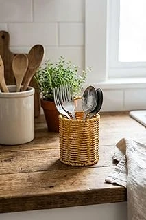 Yuvarlak Hasır Dokulu Plastik Rattan Kaşıklık Çatallık, Askılı Çok Amaçlı Mutfak Organizeri, 10X14 Cm ürün görseli 1