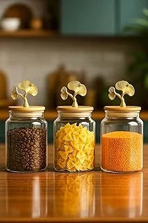 3’Lü Bambu Kapaklı Ginkgo Figürlü Kavanoz Seti - Orta Boy Saklama Kabı 890Ml ürün görseli 1