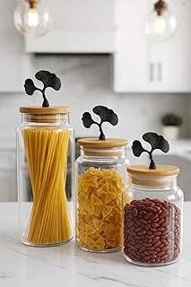 3'Lü Bambu Kapaklı Mat Siyah Ginkgo Figürlü Şeffaf Cam Kavanoz Cam Saklama Kabı 635/890/1400Ml ürün görseli 1