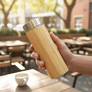 Deconox 450 Ml Bambu Kaplamalı Çelik Termos - Klasik Bardak Kapaklı Sıcak Soğuk Tutucu Seyahat Termosu ürün görseli 1