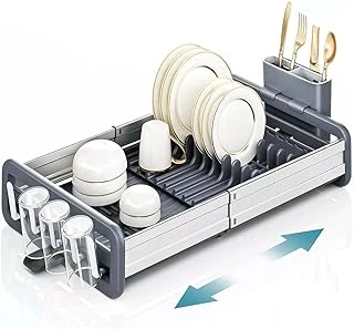 Mallart® Ayarlanabilir Alüminyum Bulaşıklık - Paslanmaz Tezgah Üstü Kurutmalık, Uzatılabilir Fonksiyonel Mutfak Düzenleyici, Tahliye Kanallı Tabaklık Bardaklık (Gümüş/Gri) ürün görseli 1
