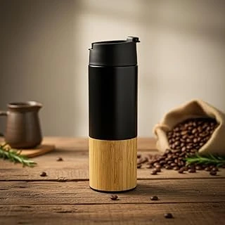 Deconox 450 Ml Bambu Kaplamalı Çelik Termos - Sıcak Soğuk Tutucu Sızdırmaz Mat Siyah Kahve Termosu ürün görseli 1