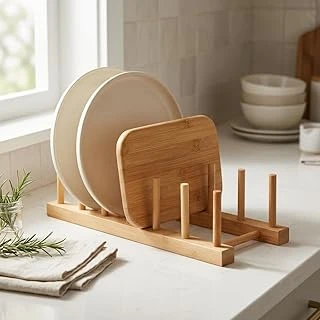 Deconox 5 Bölmeli Bambu Tabaklık - Tezgah Üstü Dolap İçi Tabak Düzenleyici, Kesme Tahtası Tencere Kapağı Organizeri (25 X 12 Cm) ürün görseli 1
