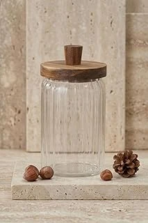 Atbyhome Ahşap Kapaklı Borosilikat Cam Saklama Kabı 700 Ml - Oluklu Cam Kavanoz ürün görseli 1