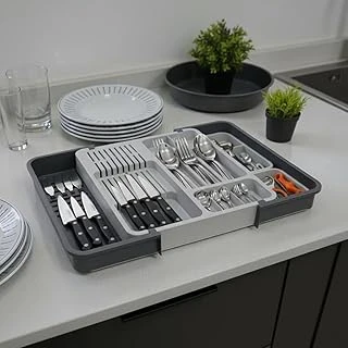 Deconox Çekmece İçi Sürgülü Çatal Kaşık Bıçaklık Organizeri - Genişleyebilir Modüler Mutfak Düzenleyici (Açık 55 Cm, Kapalı 34 Cm) - Gri Antrasit Renk ürün görseli 1