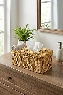 Bölmeli Kapaklı Doğal Rattan Görünümlü Hasır Organizer Sepet, Peçetelik, Makyaj Takı Düzenleyici, Plastik, 24X10X10 Cm ürün görseli 1