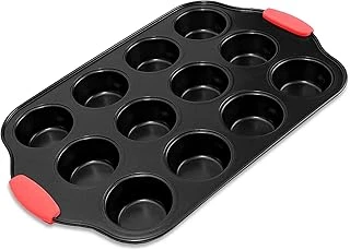 Mallart® 12 Bölmeli Muffin Cupcake Kalıbı - Yapışmaz Karbon Çelik Fırın Kabı, Isıya Dayanıklı Kırmızı Silikon Saplı, Bpa İçermeyen Pişirme Kalıbı ürün görseli 1