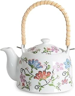 Deconox Porselen Çini Piraye Demlik - Bambu/Hasır Saplı, Ateşe Dayanıklı Nostaljik Bitki Çayı Çay Demliği (900 Ml - 2 Farklı Desen Seçeneği) (Piraye) ürün görseli 1