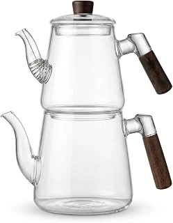 Deconox 1000 Ml + 750 Ml Akasya Ahşap Kulplu Cam Çaydanlık Takımı - Isıya Dayanıklı Borosilikat Pürüzsüz Şeffaf Tasarım, Yaylı Süzgeçli Lüks Çaydanlık ürün görseli 1