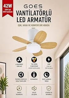42W Tavan Vantilatörü Led Avize Armatür 64Cm 5 Kanat 6 Kademeli Fan Terse Dönüş Gece Lambası Modu Uzaktan Kumandalı Beyaz Meşe ürün görseli 1