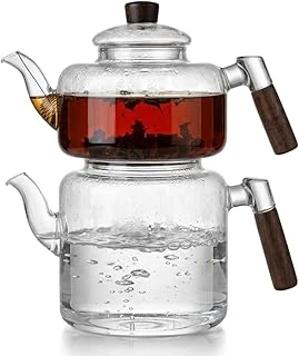Deconox Akasya Cam Çaydanlık Takımı 1800 Ml + 950 Ml - Ahşap Kulplu Isıya Dayanıklı Borosilikat Şeffaf Çaydanlık ürün görseli 1