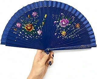 Coverzone Lacivert Zeminli Katlanabilir El Yelpazesi Pembe Sarı Çiçek Desenli Ahşap Saplı Dekoratif El Yelpazesi 40X22 Cm Geleneksel Tasarım ürün görseli 1