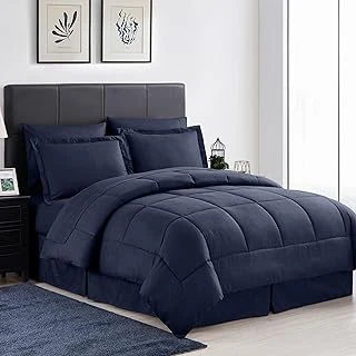 Sweet 2 Yastık Kılıfı & 2 Yastık Kılıfı & Yatak Eteği Dört Mevsim Sıcaklık, İnce Çift Fırçalı Mikrofiber/%100 Fiber Dolgu, Yunan Anahtar Lacivert, Kraliçe ürün görseli 1