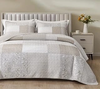Chezmoi Quinn 3 Parça Nötr Boz Kahverengi Gri Beyaz Çiçekli Hibiscus Çiçek Çizgili Patchwork Yorgan Seti - Önceden Yıkanmış Pamuklu Örtü - Hafif Ters Çevrilebilir Yatak Örtüsü, Queen ürün görseli 1