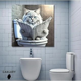 Gaagart Tekli Kare Kanvas Banyo Tablosu Gazete Okuyan Beyaz Chinchilla Kedi, 20 X 20 ürün görseli 1