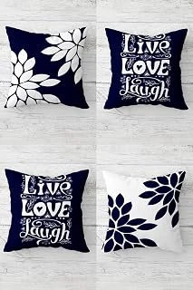 Pelangi Live Love Laugf Çiçek Desenli Gizli Fermuarlı Kırlent Kılıfı Koltuk Yastık Kılıfı Takım(4Adet), Lacivert-Beyaz 45 X 45 ürün görseli 1