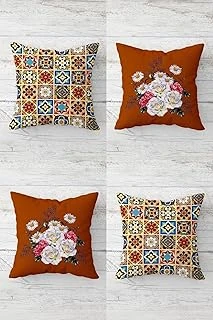 Pelangi Çini Desen Gül Buketi Gizli Fermuarlı Kırlent Kılıfı Koltuk Yastık Kılıfı Takım(4Adet), Turuncu-Kiremit 45 X 45 ürün görseli 1