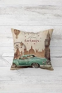 Pelangi Nostaljik Arabalı London Çift Taraflı Gizli Fermuarlı Dekoratif Kırlent Koltuk Yastık Kılıfı, Krem-Yeşil 45 X 45, 2469101045451 ürün görseli 1