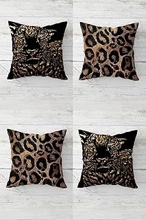 Pelangi Gold Leopar Kaplan Desen Gizli Fermuarlı Kırlent Kılıfı Koltuk Yastık Kılıfı Takım(4Adet), Gold-Siyah 45 X 45 ürün görseli 1