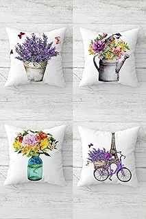 Pelangi Lavanta Çiçek Kuş Bisiklet Desen Gizli Fermuarlı Kırlent Kılıfı Koltuk Yastık Kılıfı Takım(4Adet), Leylak-Beyaz 45 X 45 ürün görseli 1