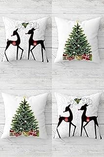 Pelangi Geyik Çamağacı Noel Yılbaşı Temalı Gizli Fermuarlı Kırlent Kılıfı Koltuk Yastık Kılıfı Takım(4Adet), Beyaz-Yeşil 43 X 43 ürün görseli 1