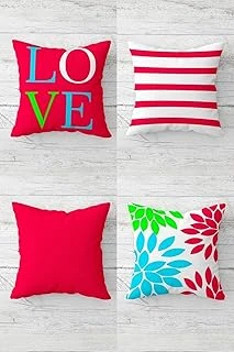 Pelangi Love Yazılı Çiçekli Enine Çizgili Gizli Fermuar Kırlent Kılıfı Koltuk Yastık Kılıfı Takım(4Adet), Fuşya-Beyaz 45 X 45 ürün görseli 1