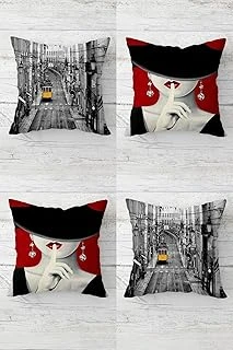 Pelangi Tramvay Şapkalı Kadın Gizli Fermuarlı Kırlent Kılıfı Koltuk Yastık Kılıfı Takım(4Adet), Gri-Bordo 45 X 45 ürün görseli 1
