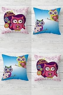 Pelangi Ağaç Dalındaki Baykuşlar Gizli Fermuarlı Kırlent Kılıfı Koltuk Yastık Kılıfı Takım(4Adet), Koyu Mavi-Pembe 45 X 45 ürün görseli 1