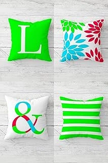 Pelangi L & Çiçek Desenli Çizgili Kombin Gizli Fermuarlı Kırlent Kılıfı Koltuk Yastık Kılıfı Takım(4Adet), Neon Yeşil-Fuşya 45 X 45 ürün görseli 1