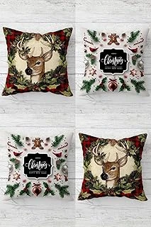 Pelangi Geyik Merry Christmas Çam Ağacı Gizli Fermuarlı Kırlent Kılıfı Koltuk Yastık Kılıfı Takım(4Adet), Gri-Yeşil-Bordo 43 X 43 ürün görseli 1
