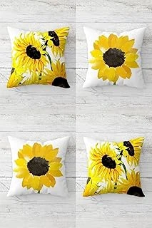 Pelangi Ayçiçeği Tarlası Temalı Gizli Fermuarlı Kırlent Kılıfı Koltuk Yastık Kılıfı Takım(4Adet), Sarı-Beyaz 45 X 45 ürün görseli 1