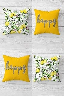 Pelangi Limon Desenli Happy Yazılı Gizli Fermuarlı Kırlent Kılıfı Koltuk Yastık Kılıfı Takım(4Adet), Sarı-Yeşil 45 X 45 ürün görseli 1