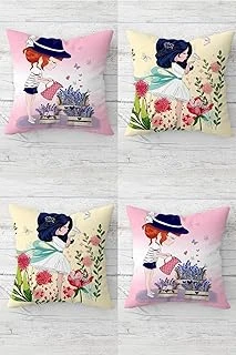 Pelangi Çiçekleri Sulayan Kelebeklerle Kız Gizli Fermuar Kırlent Kılıfı Koltuk Yastık Kılıfı Takım(4Adet), Pembe-Sarı 45 X 45 ürün görseli 1