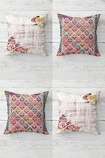 Pelangi Güller Etnik Kilim Desen Gizli Fermuarlı Kırlent Kılıfı Koltuk Yastık Kılıfı Takım(4Adet), Pembe-Bej-Sarı 45 X 45 ürün görseli 1
