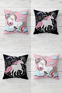 Pelangi Sevimli Unicorn Desenler Gizli Fermuarlı Kırlent Kılıfı Koltuk Yastık Kılıfı Takım(4Adet), Pembe-Siyah 45 X 45 ürün görseli 1