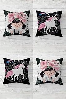 Pelangi Unicorn Çiçekli Genç Kız Oda Gizli Fermuarlı Kırlent Kılıfı Koltuk Yastık Kılıfı Takım(4Adet), Siyah-Pembe-Beyaz 45 X 45 ürün görseli 1