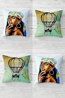 Pelangi Uçan Balon Afrikalı Kadın Desen Gizli Fermuarlı Kırlent Kılıfı Koltuk Yastık Kılıfı Takım(4Adet), Su Yeşili-Mavi 45 X 45 ürün görseli 1