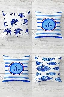 Pelangi Kuş Balık Deniz Çapalı Gizli Fermuarlı Kırlent Kılıfı Koltuk Yastık Kılıfı Takım(4Adet), Mavi-Beyaz 45 X 45 ürün görseli 1