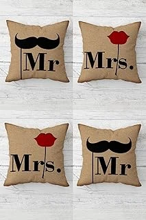 Pelangi Mr And Mrs Bıyık Öpücük Desen Gizli Fermuarlı Kırlent Kılıfı Koltuk Yastık Kılıfı Takım(4Adet), Bej-Siyah 45 X 45 ürün görseli 1