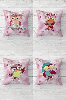 Pelangi Sevimli Baykuşlar Desenli Gizli Fermuarlı Kırlent Kılıfı Koltuk Yastık Kılıfı Takım(4Adet), Açık-Koyu Pembe 45 X 45 ürün görseli 1