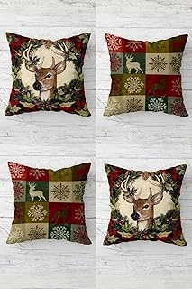 Pelangi Geyik Kokina Çiçek Ekose Yılbaşı Christmas Gizli Fermuarlı Kırlent Kılıfı Yastık Kılıfı Takım(4Adet), Bordo-Yeşil-Bej 43 X 43 ürün görseli 1