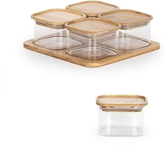 Porsima Hf009009 Kare 4Lü Hava Geçirmez Bambu Standlı Cam Kahvaltılık Seti Bambu Kapaklı Saklama Kabı 250Ml ürün görseli 1