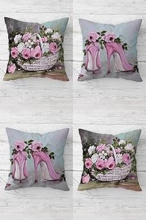 Pelangi Gül Buketleri Stiletto Gizli Fermuarlı Kırlent Kılıfı Koltuk Yastık Kılıfı Takım(4Adet), Pembe-Gri 45 X 45 ürün görseli 1