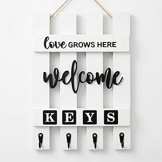 Ahşap Anahtar Askılığı, Beyaz, Duvar Montajlı, Farmhouse Tarzı, 'Love Grows Here Welcome' Yazılı, 4 Kancalı ürün görseli 1