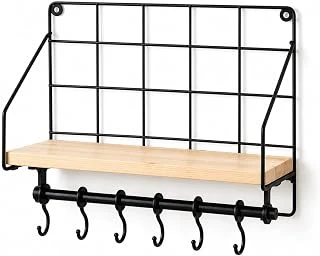 Orret Duvara Asılabilir Yapışkanlı Raf 6 Kancalı Organizer, Ahşap Raflı Metal Mutfak Düzenleyici, Delmeden Monte Edilebilir Askılı Duvar Rafı, Baharatlık, Havluluk, Bardaklık ürün görseli 1