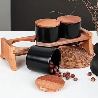 Keramika Mat Siyah Ege Ahşap Standlı Saklama Kabı 10 Cm 3 Parça ürün görseli 1